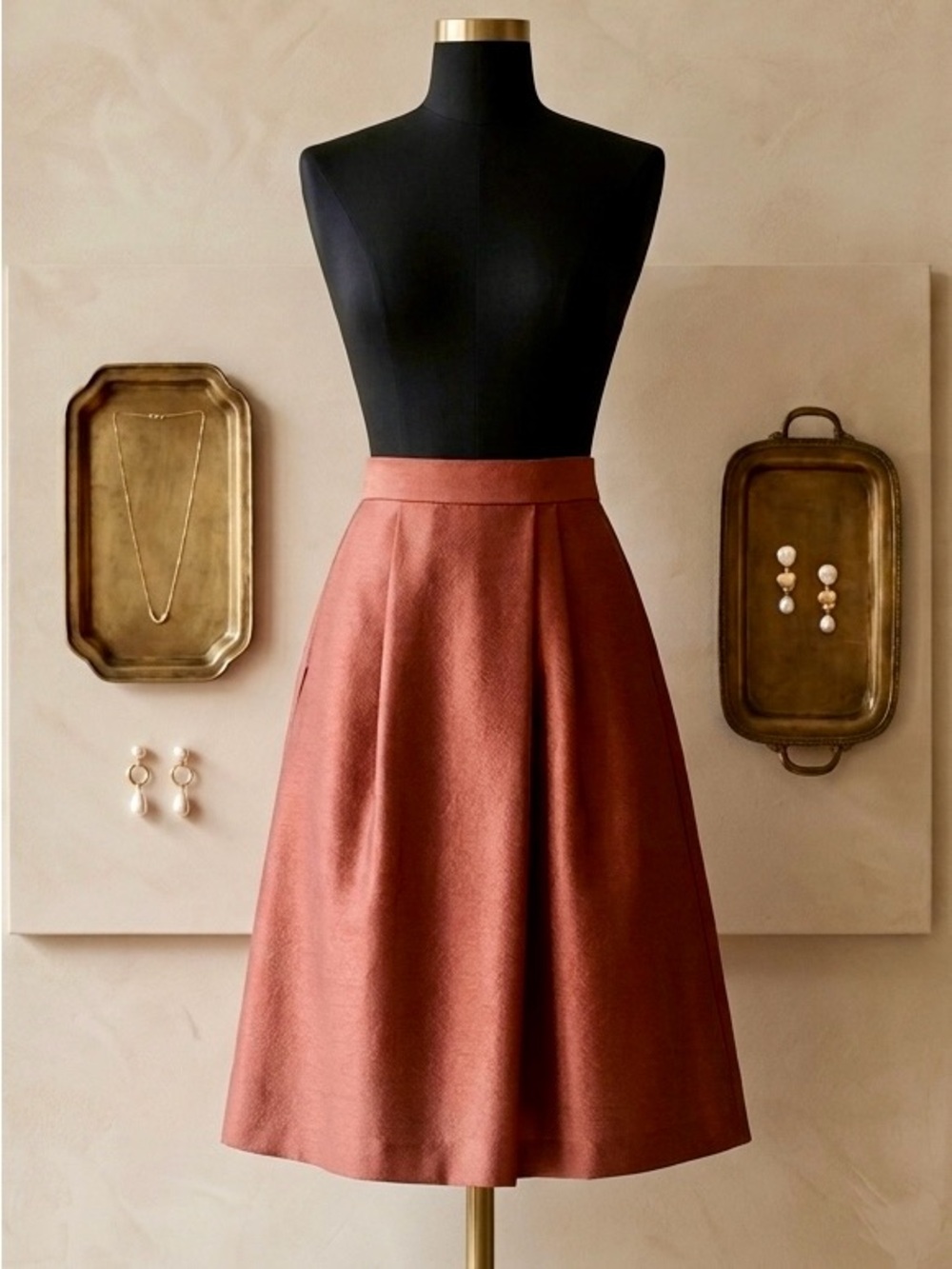 H&M| NEW Mod A-Line Pleated Taffeta Midi Skirt in Rust Red Sz 4 NWT